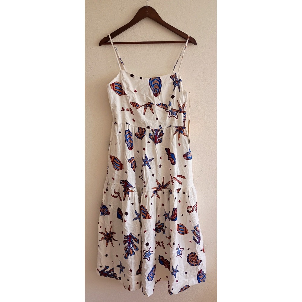 C&C California Linen Blend Seashell Print Midi Dress White L NWT Resort Vacation - Picture 2 of 7